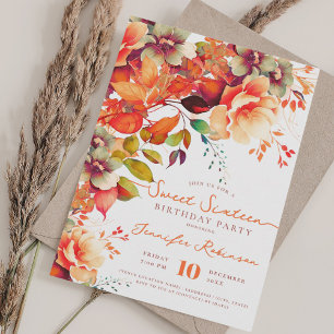 Fall Autumn Garden Floral Sweet 16 Birthday Party Invitation