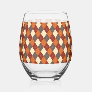 Fall/Autumn Gingham pattern  Stemless Wine Glass