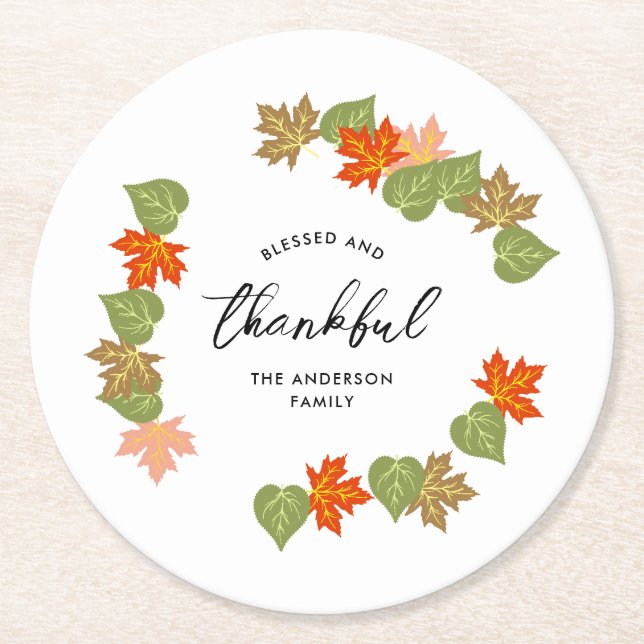 Fall / Autumn Leaves Blessed and Thankful Round Paper Coaster (Front)