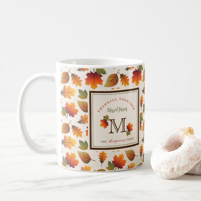 Fall/Autumn Leaves Family Monogram Thanksgiving Coffee Mug (With Donut)