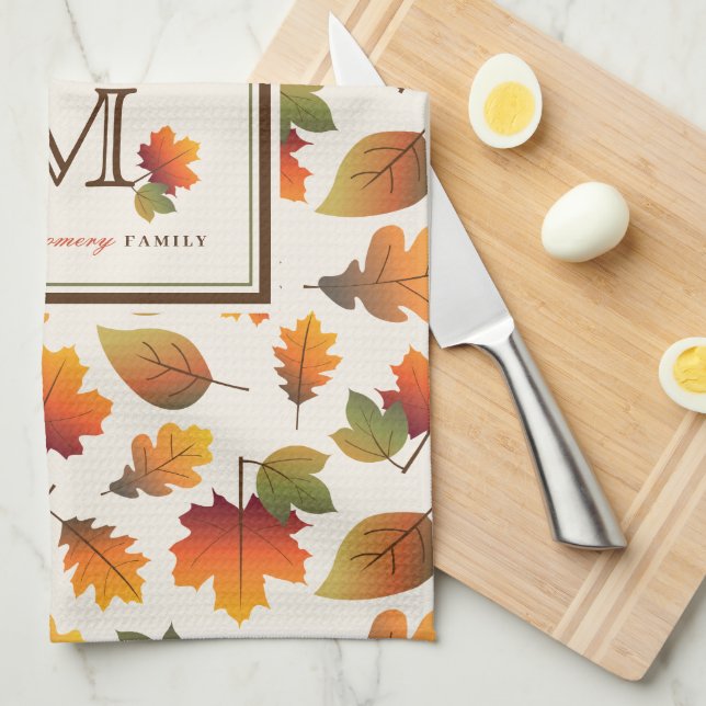Fall/Autumn Leaves Family Monogram Thanksgiving Tea Towel (Quarter Fold)