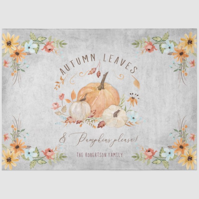 Fall Autumn Leaves Floral Pumpkins Orange n White  Tissue Paper (Front)