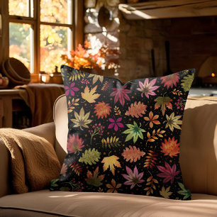 Fall Autumn Leaves Halloween Pattern on Black Cushion