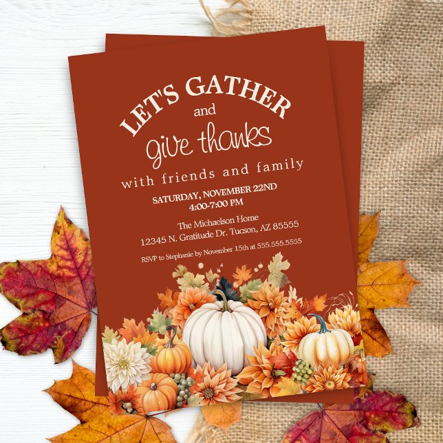 Fall Autumn Leaves Lets Gather Thanksgiving Invitation (fall leaves and pumpkin theme rustic friendsgiving thanksgiving party invitation lets gather)