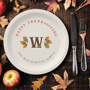 Fall / Autumn Leaves Monogram Thanksgiving Dinner Paper Plate