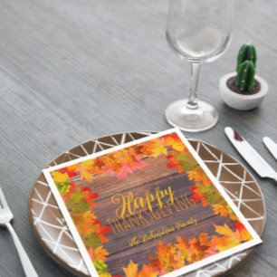 Fall Autumn Leaves On Barn Wood Happy Thanksgiving Napkin