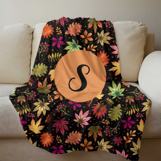 Fall Autumn Leaves Pattern on Black with Monogram Fleece Blanket