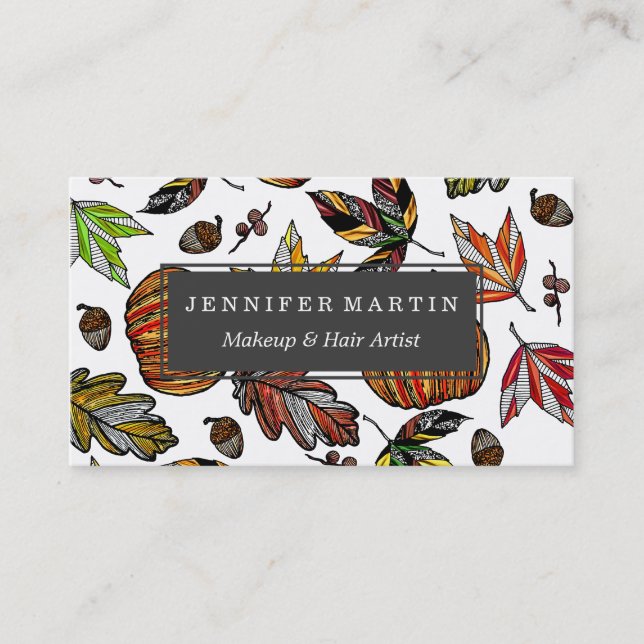 Fall Autumn Leaves Pumpkin and Acorns Illustration Business Card (Front)