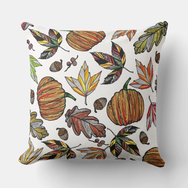Fall Autumn Leaves Pumpkin and Acorns Illustration Cushion (Front)