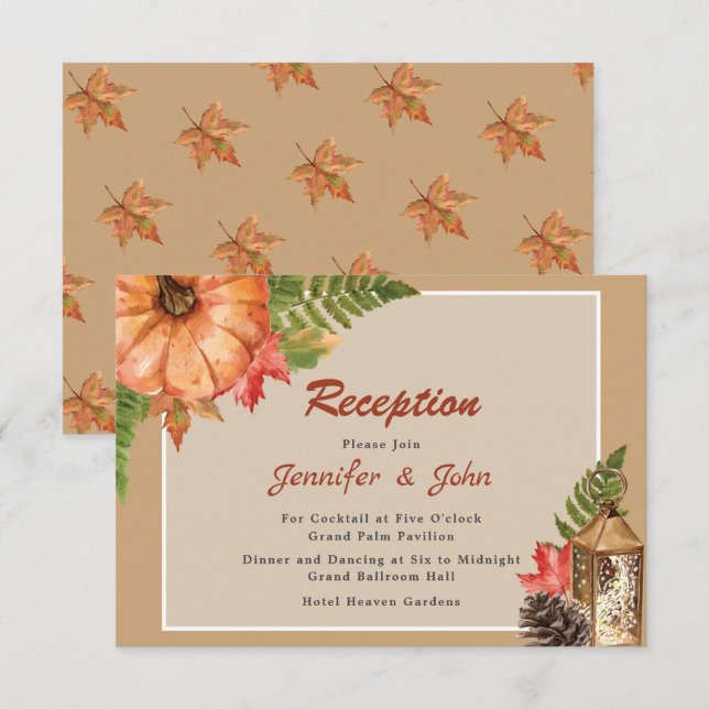 Fall Autumn Leaves Pumpkin Wedding Reception Enclosure Card (Front/Back)