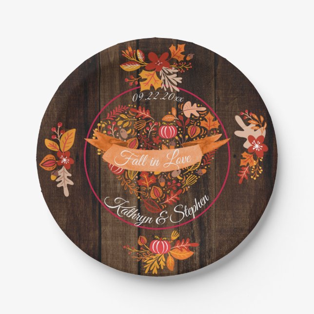 Fall Autumn Leaves Pumpkin Wood Fall in Love Names Paper Plate (Front)