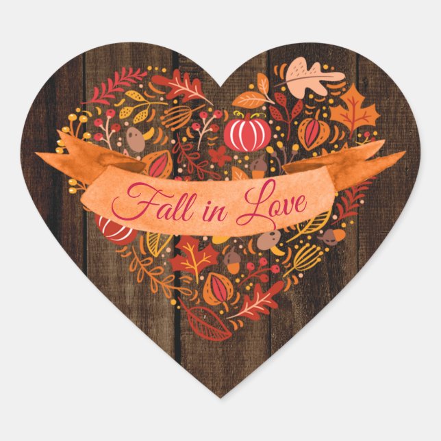 Fall Autumn Leaves Pumpkins Wood Fall in Love Heart Sticker (Front)