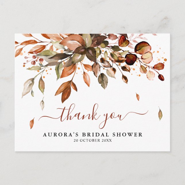 Fall Autumn Leaves Rustic Bridal Shower Thank you  Postcard (Front)
