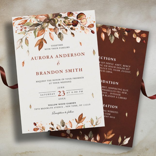 Fall Autumn Leaves Rustic Country Boho Wedding  In Invitation (Fall wedding invitation with details on back)