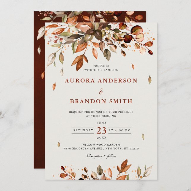 Fall Autumn Leaves Rustic Country Boho Wedding  In Invitation (Front/Back)