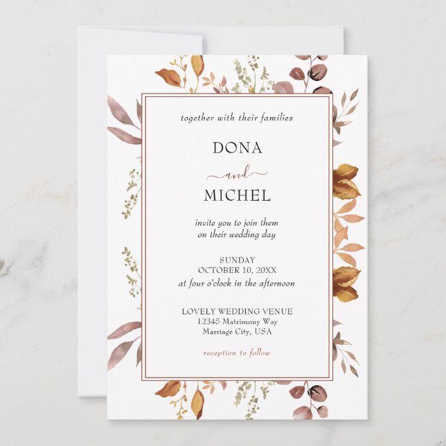 Fall Autumn Leaves Rustic Country Boho Wedding Invitation (Front)