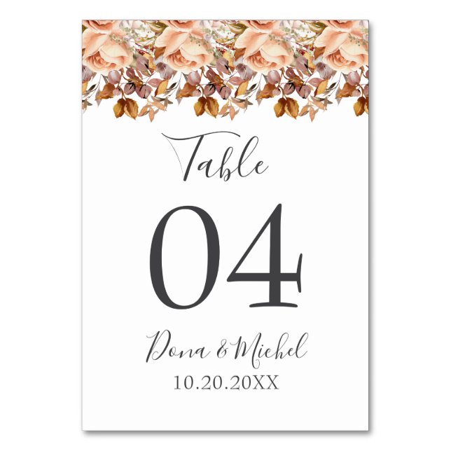 Fall Autumn Leaves Rustic Country Boho Wedding Table Number (Front)