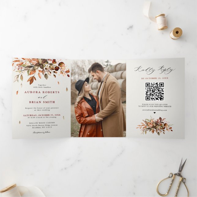 Fall Autumn Leaves Rustic Country Boho Wedding Tri-Fold Announcement (Inside)