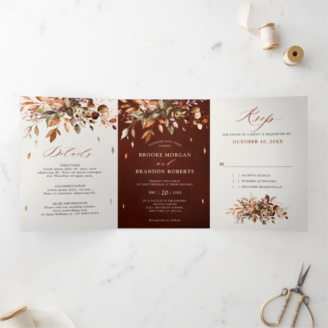 Fall Autumn Leaves Rustic Country Boho Wedding  Tri-Fold Announcement (Inside)