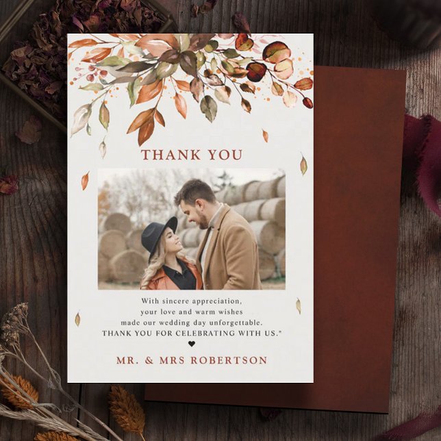 Fall Autumn Leaves Rustic Country Photo wedding Thank You Card (Fall Autumn leaves photo wedding thank you card)