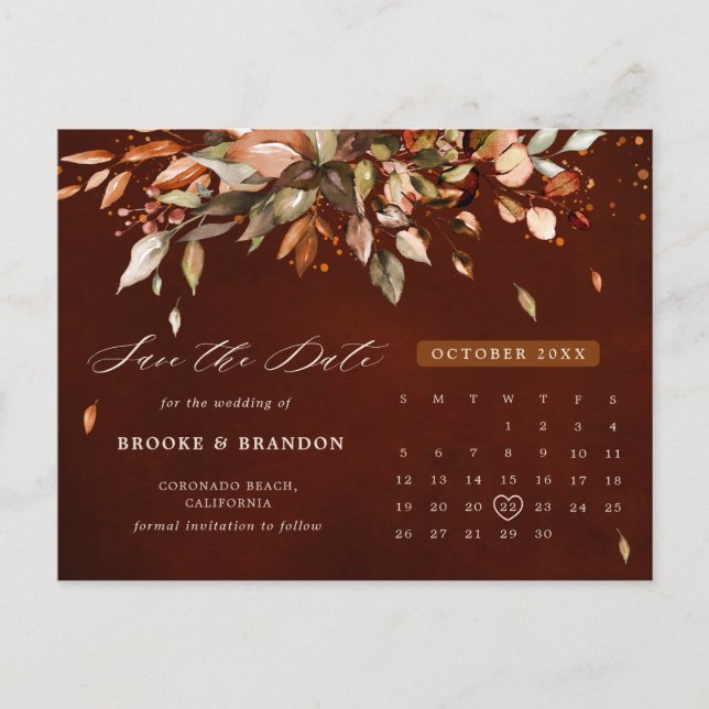 Fall Autumn Leaves Rustic Country Save the Date Postcard (Front)
