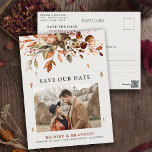 Fall Autumn Leaves Rustic Country Save the Date Postcard<br><div class="desc">Elegant rustic country fall wedding save the date postcard featuring brown,  red,  orange,  green eucalyptus leaves. Please contact me for any help in customisation or if you need any other product with this design.</div>