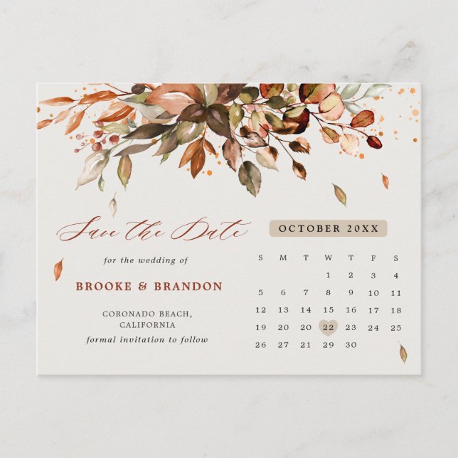 Fall Autumn Leaves Rustic Country Save the Date Postcard (Front)