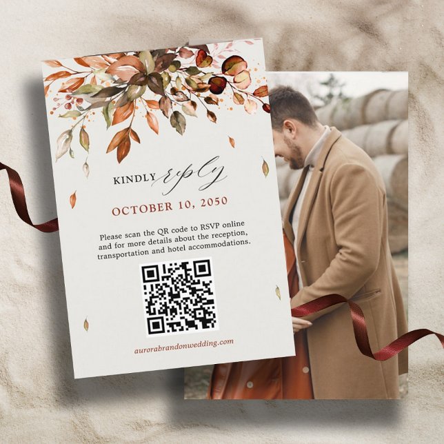 Fall Autumn Leaves Rustic Country Wedding QR Code  RSVP Card (Fall Wedding photo QR code RSVP card)