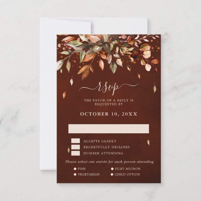 Fall Autumn Leaves Rustic Country Wedding RSVP Car Card (Front)