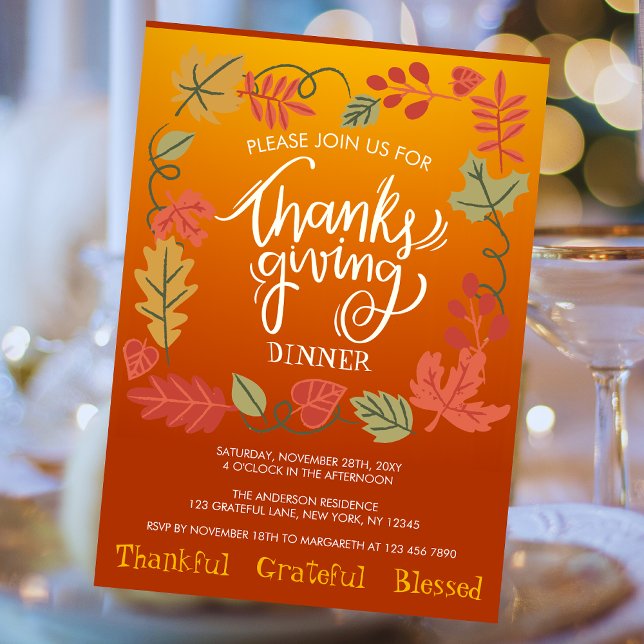Fall Autumn Leaves Typography Thanksgiving Dinner Invitation (Creator Uploaded)