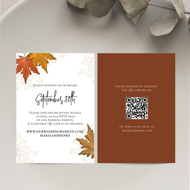 Fall Autumn Leaves Wedding QR Code RSVP (Fall watercolor leaves elegant RSVP card.)