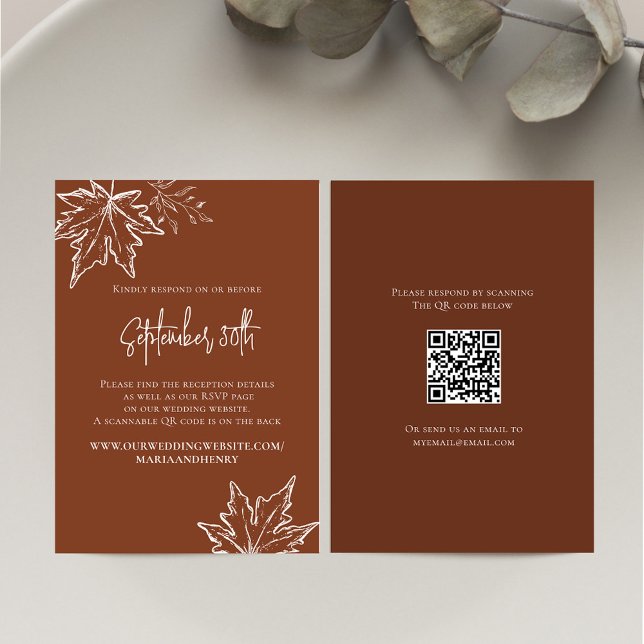 Fall Autumn Leaves Wedding QR Code RSVP Card (Burgundy Fall wedding RSVP card with a scannable QR code. )
