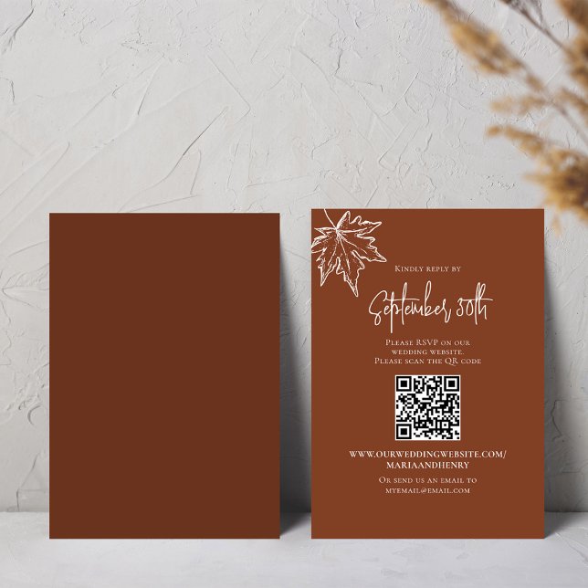 Fall Autumn Leaves Wedding RSVP QR Code (Burgundy fall leaves RSVP enclosure card template.)