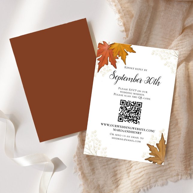 Fall Autumn Leaves Wedding RSVP QR Code Card (Elegant watercolor fall leaves wedding invitation RSVP card)