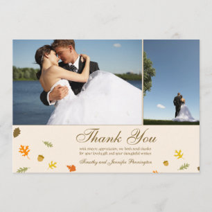 Fall autumn leaves wedding thank you flat 2 photo card