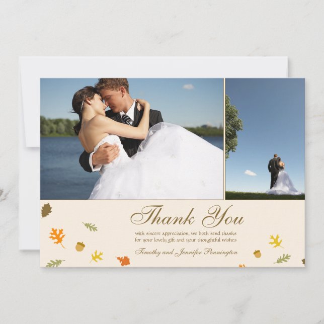 Fall autumn leaves wedding thank you flat 2 photo card (Front)