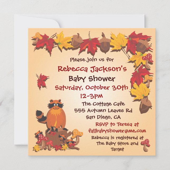 Fall Autumn Leaves with Racoon Baby Shower Invite (Front)