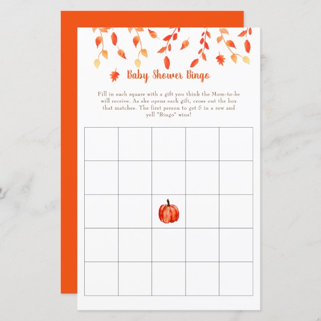 Fall Autumn Little Pumpkin Baby Shower Bingo Game (Front/Back)