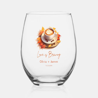 Fall Autumn Love is Brewing Coffee Bridal Shower Stemless Wine Glass