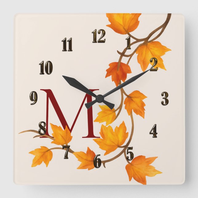 Fall Autumn Maple Leaves Branch Square Wall Clock (Front)