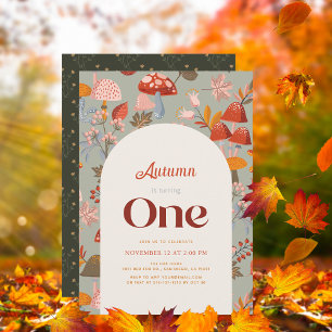 Fall/Autumn Mushroom Wildflower Sage 1st Birthday Invitation