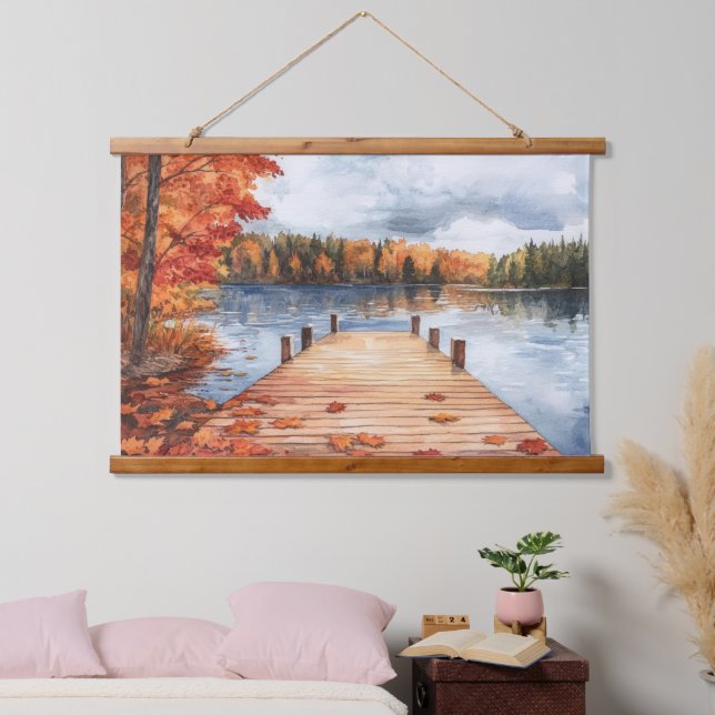 Fall Autumn Nature Lake Trees Landscape Painting Hanging Tapestry (Bedroom)