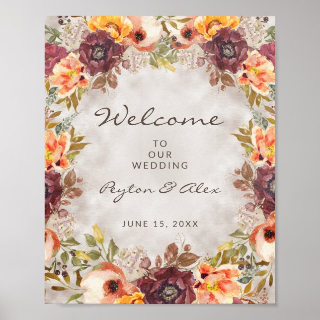 Fall Autumn Orange Burgundy Floral Wedding Welcome Poster (Front)