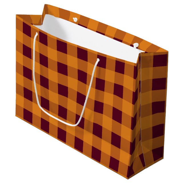 Fall Autumn Orange Burgundy Plaid Pattern   Large Gift Bag (Front Angled)