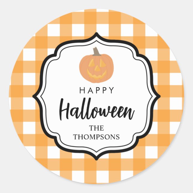 Fall Autumn Orange Plaid Halloween Pumpkin Classic Round Sticker (Front)