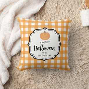 Fall Autumn Orange Plaid Halloween Pumpkin  Cushion
