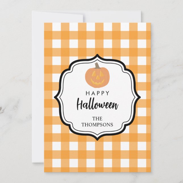 Fall Autumn Orange Plaid Halloween Pumpkin Holiday Card (Front)