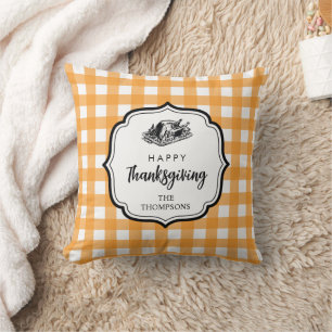 Fall Autumn Orange Plaid Thanksgiving Turkey Cushion