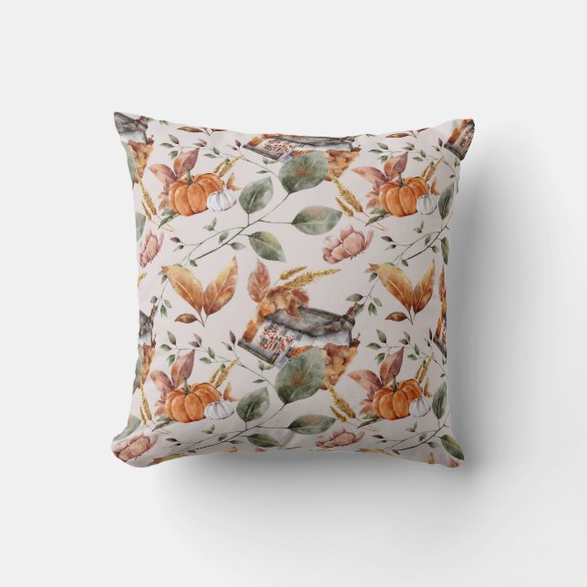 Fall Autumn Pattern Leaves Pumpkin House on White Cushion (Front)