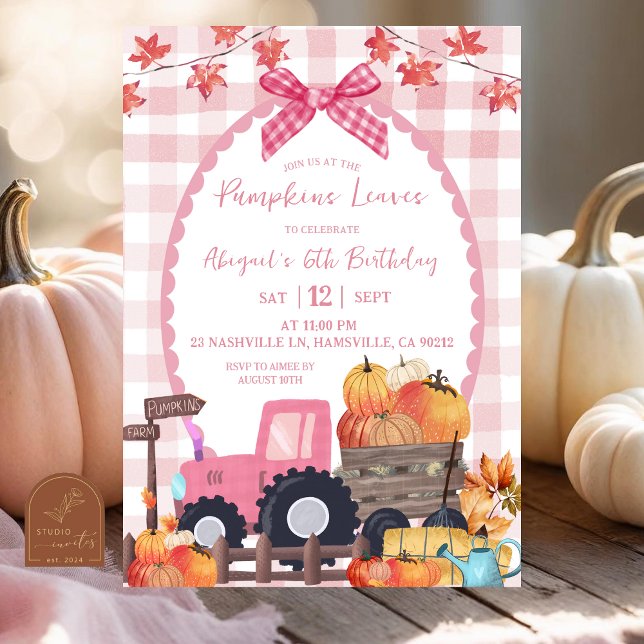 Fall Autumn Pink Bow Pumpkin Patch Birthday Invitation (Creator Uploaded)